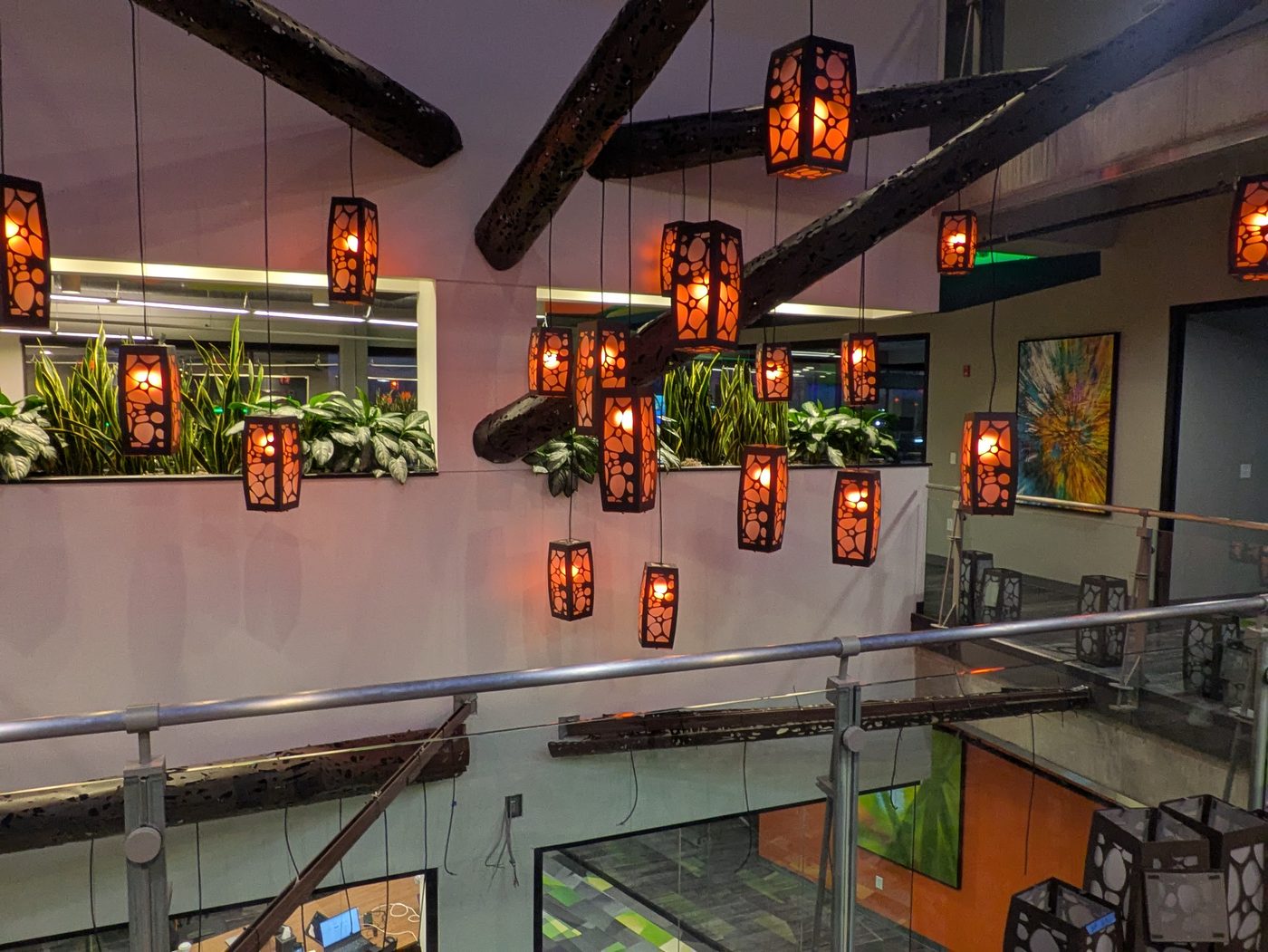 Decorative pendant lighting installation in commercial interior